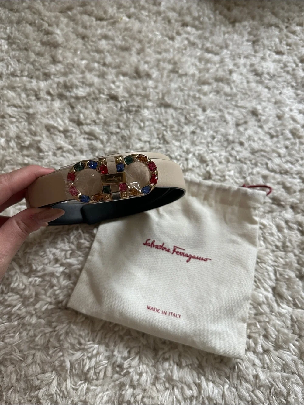 Salvatore Ferragamo Cream Leather Belt with Multicolor Jeweled Gancini Buckle